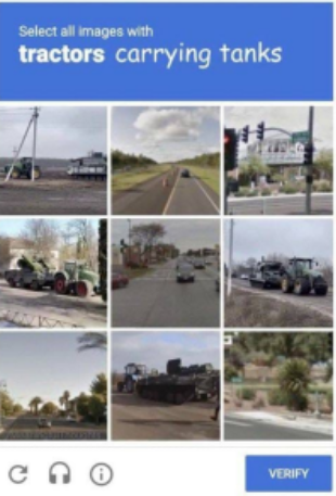 CAPTCHA with Ukrainian farmers tractors carrying Russian tanks.