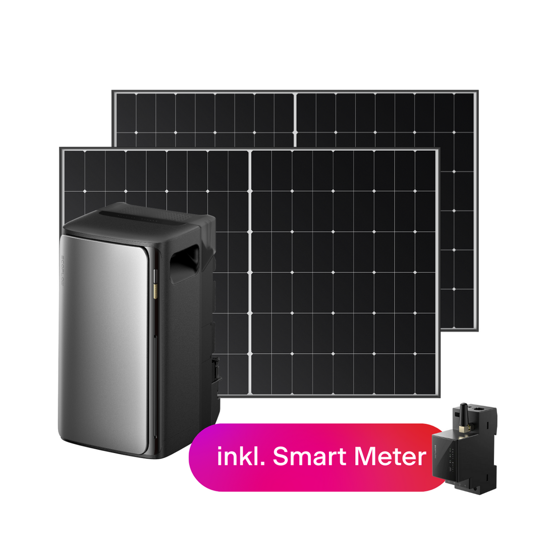 STREAM Komplettset M mit EcoFlow Batterie, zwei schwarzen Solarmodulen und Smart Meter