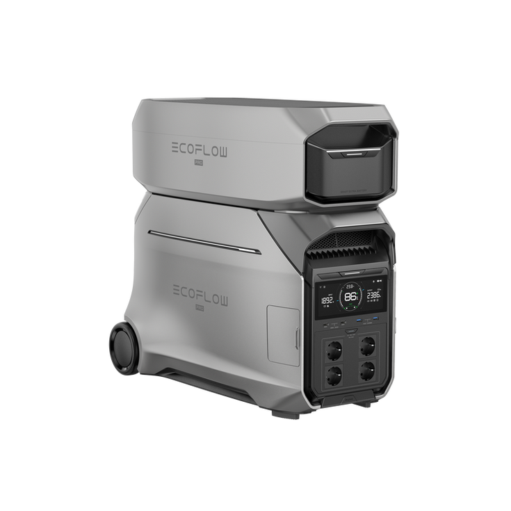 DELTA Pro 3 Tragbare Powerstation mit einer Zusatzbatterie oben drauf, Schrägansicht links