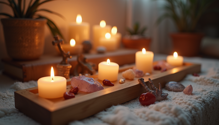 Eye-level view of a cozy home altar with candles, crystals, and moon-themed decorations