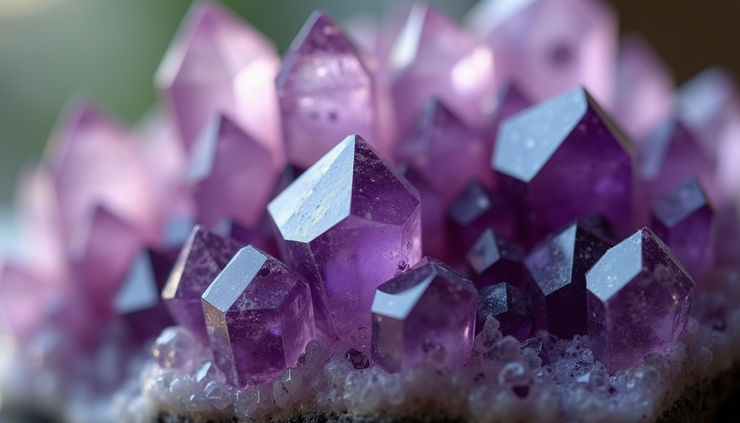 Close-up view of a matte amethyst crystal cluster with soft purple hues