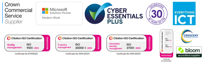 Logos including Crown Commercial Service, Cyber Essentials, and ISO certifications displayed.