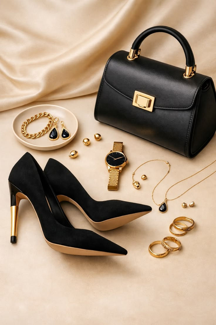✨ Black & Gold Glam_ Heels, Handbag, Jewelry & Chic Accessories 🖤💛.jfif