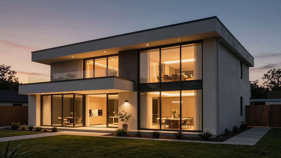 Modern house exterior at dusk