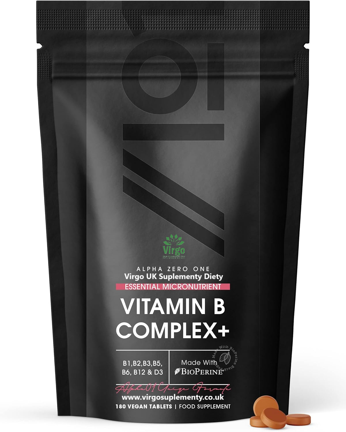 Комплекс вітаміну B+ D3 з BioPerine® B1 B2 B3 B5 B6 B12 D3 - 180 веганських таблеток