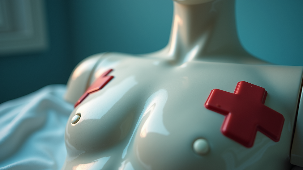 Close-up view of CPR mannequin chest with AED pads applied