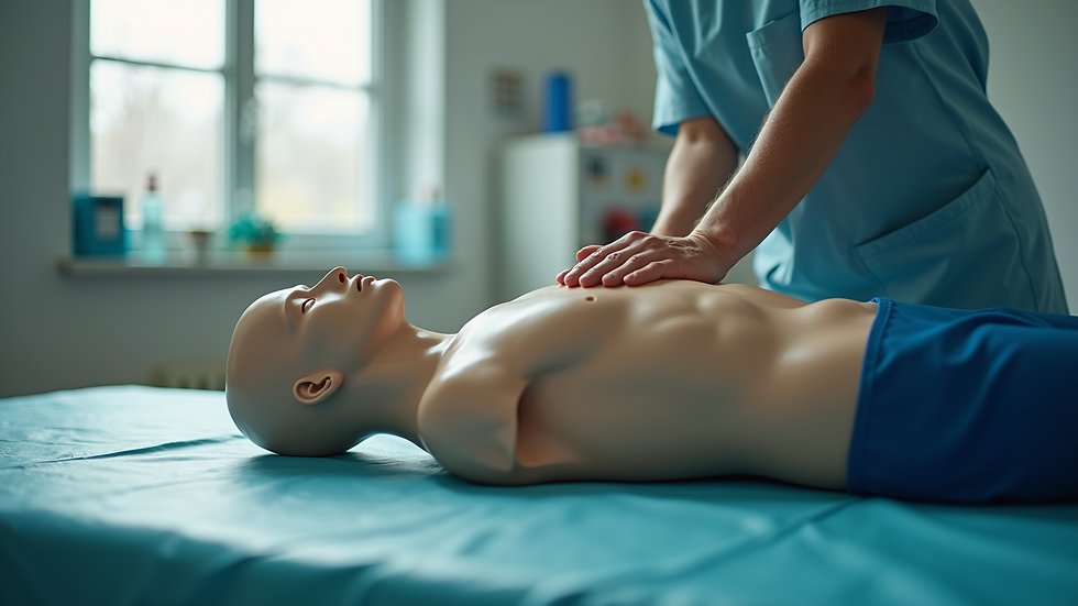 Eye-level view of a CPR mannequin on a training table