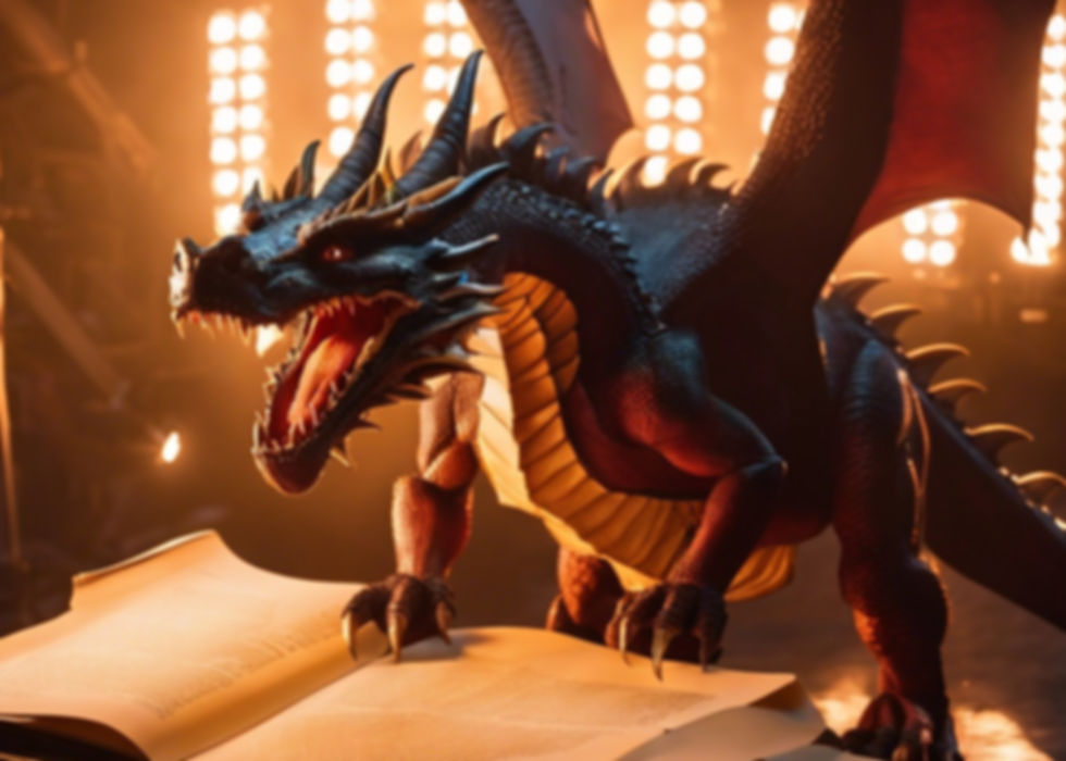 A dragon on a film set with lights and cameras with a film script .jpg