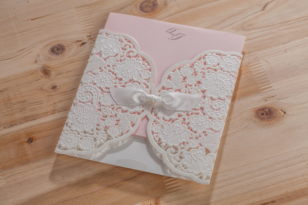 New White Pink Laser Cut Wedding Invitation