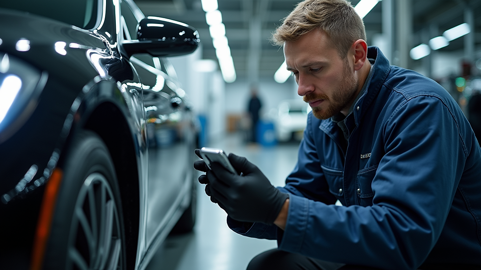 Eye-level view of a technician using diagnostic tools on a luxury car