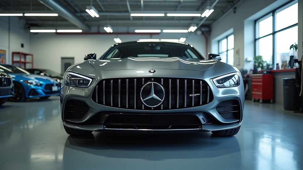 Eye-level view of a luxury car inside a professional auto repair shop