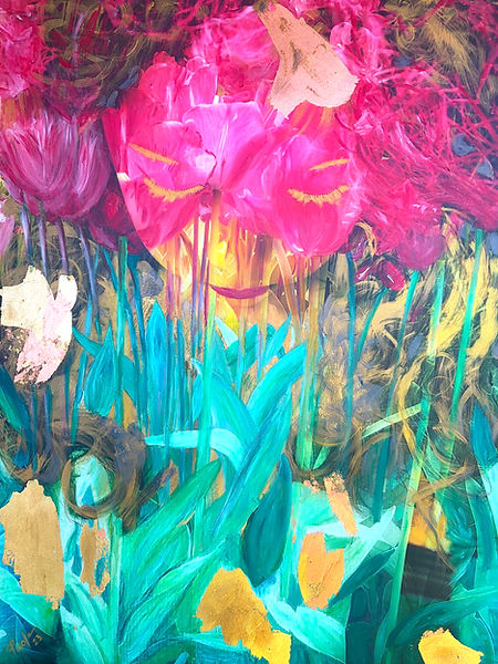 Paola Chapa | Ontological portraiture utilizing acrylic, double-exposure photography, and gold leaf on canvas to explore the dissolution of form within a vibrant floral field.