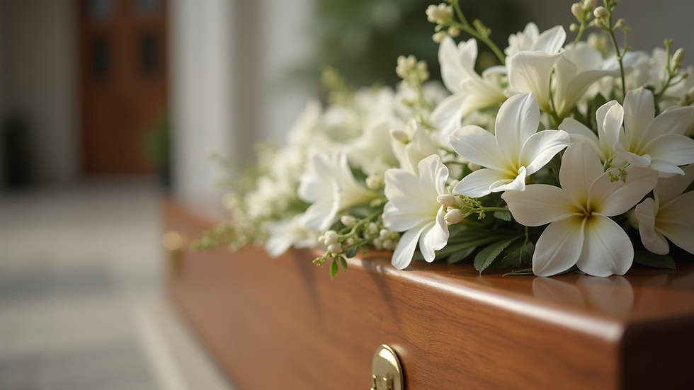 Close-up view of a simple wooden coffin with a white floral arrangement