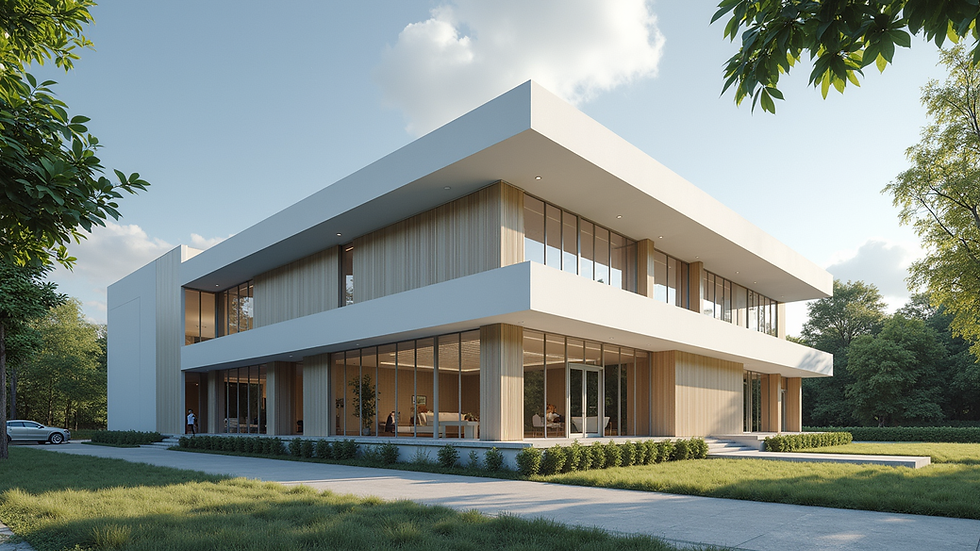 Eye-level view of CMC Design headquarters building exterior