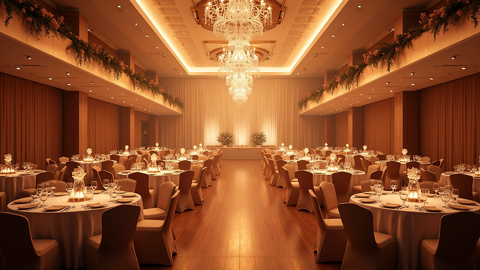 High angle view of a decorated banquet hall ready for a celebration