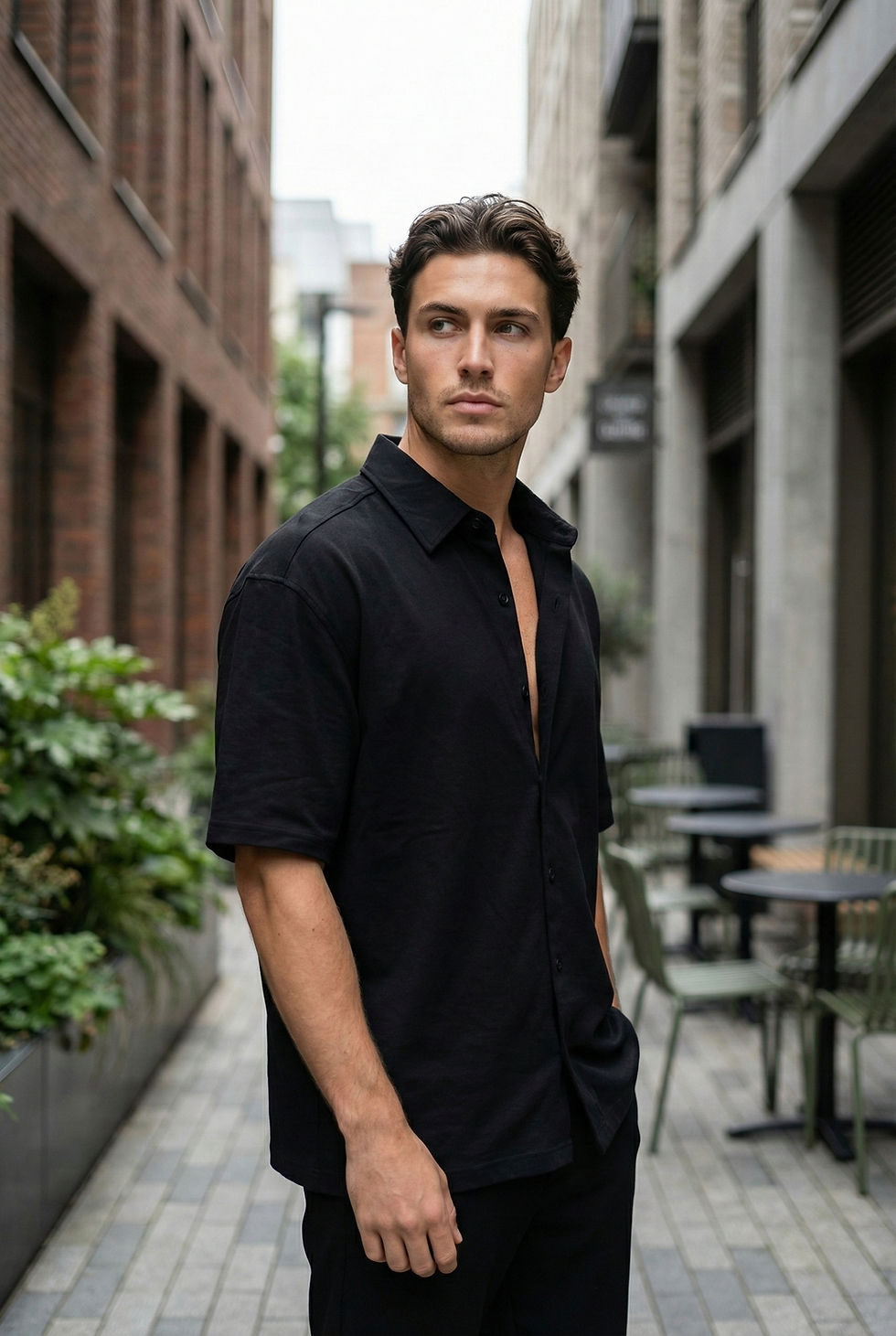 Man wearing a plain oversized black short-sleeve button-up Wenvix shirt with relaxed fit and drop shoulders.