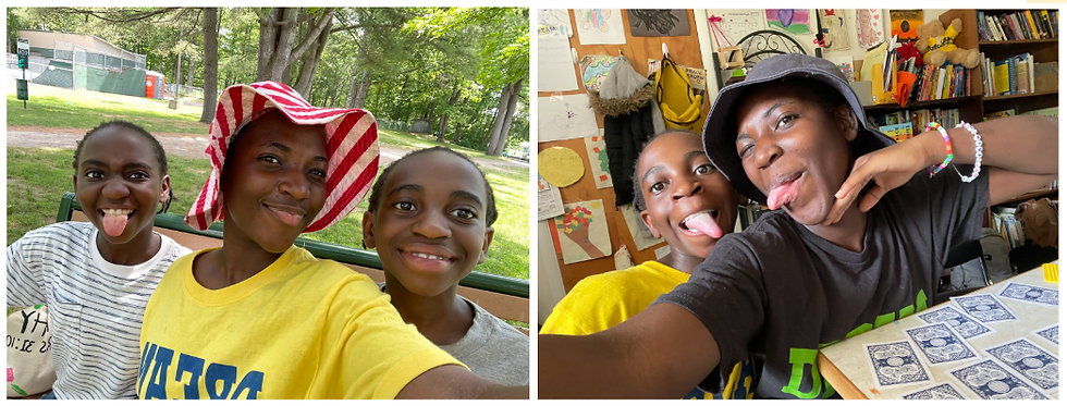 A collage of two selfies. On the left, three smiling people outdoors; on the right two people indoors with a silly pose.
