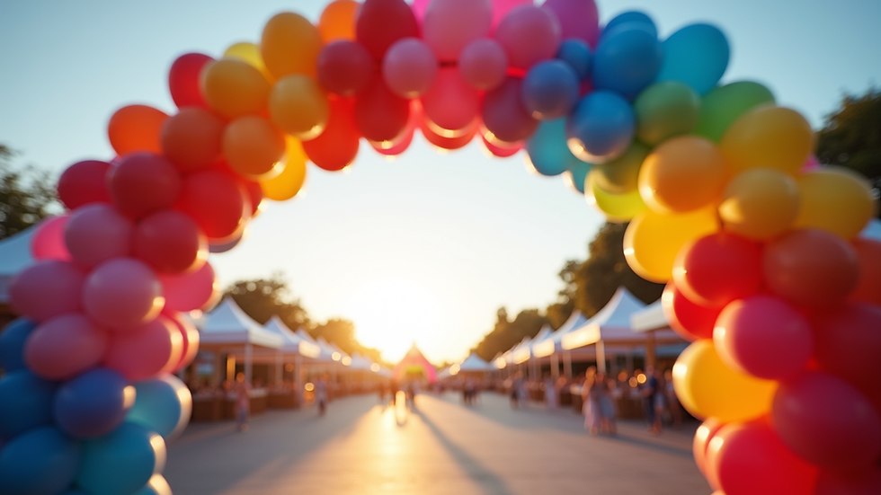 Eye-level view of colorful helium balloon arch at event entrance