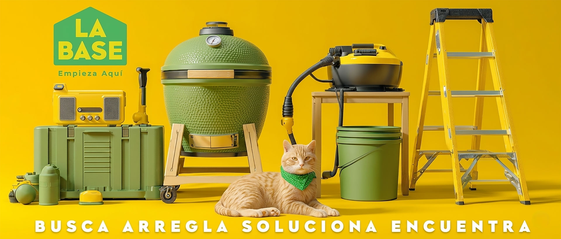 Green and yellow retail products on a yellow background, with a