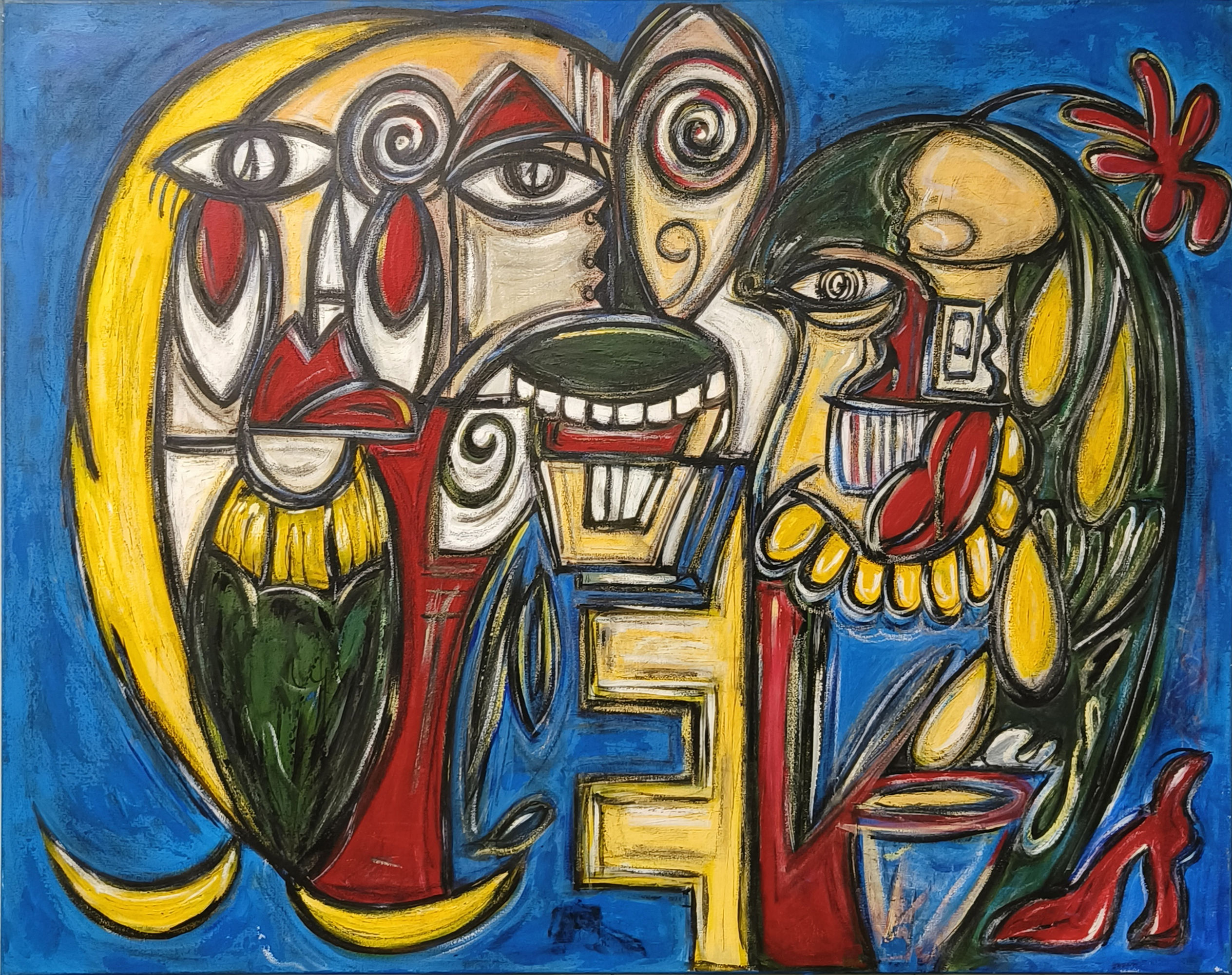 Portrait painting from Parasite series by Belfast artist Tracey, acrylic and pastels on canvas, 80 x 100 cm, showing personal