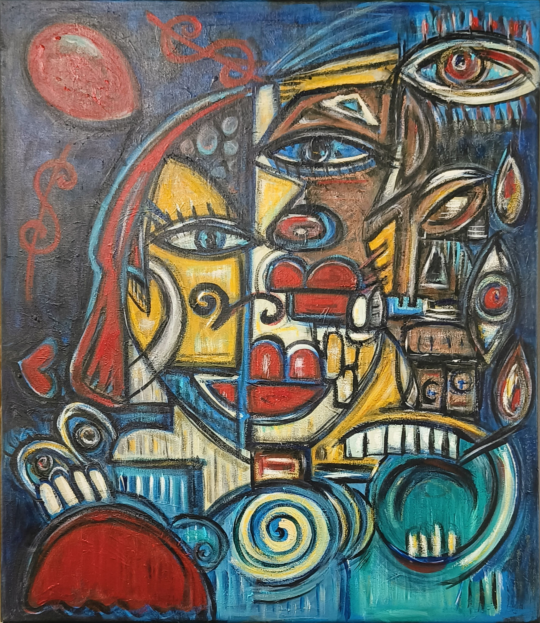 Portrait painting from Parasite series by Belfast artist Tracey, acrylic, acrylic pastels on canvas, 50 x 60 cm, showing pers