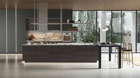 BOLONI Finland kitchen with timber cabinetry, open shelving and an island