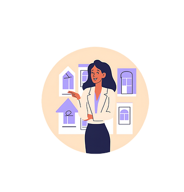 Showings Support graphic featuring a woman abstractly displayng houses