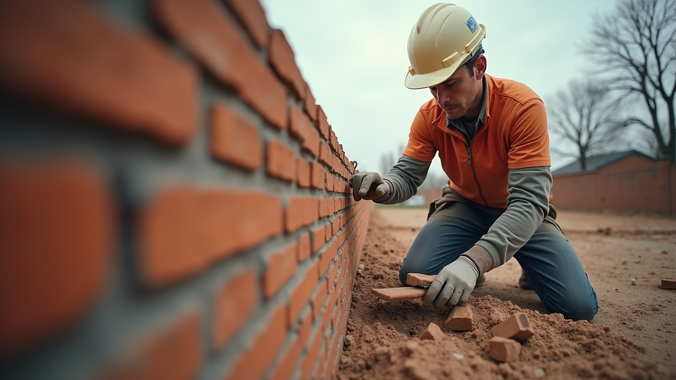 Eye-level view of a bricklayer working on a new wall