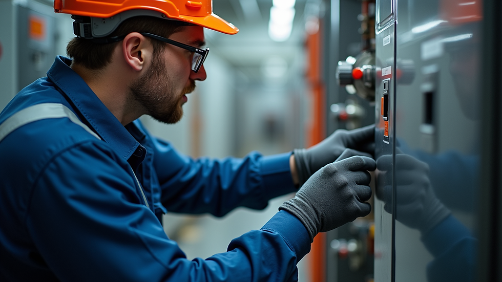 Close-up view of a maintenance technician inspecting a boiler system