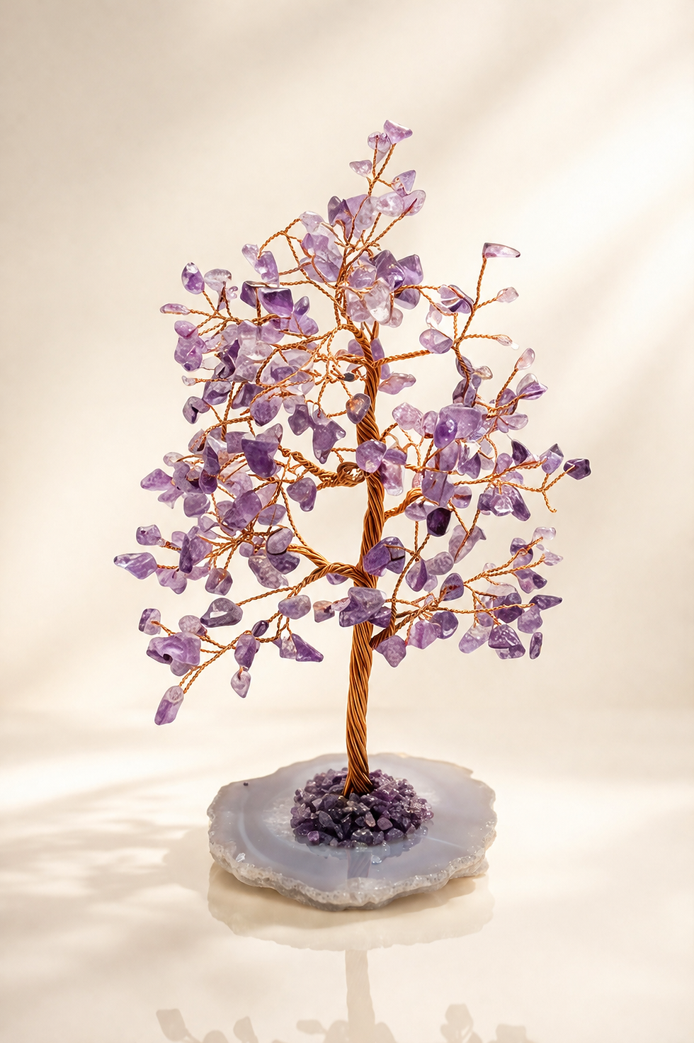 Amethyst crystal tree with wooden coaster base