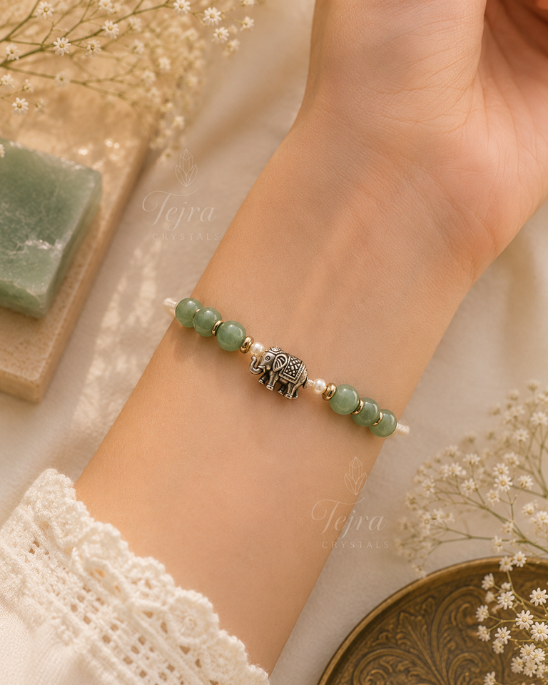 Green Aventurine crystal Rakhi, natural stone of luck and new beginnings