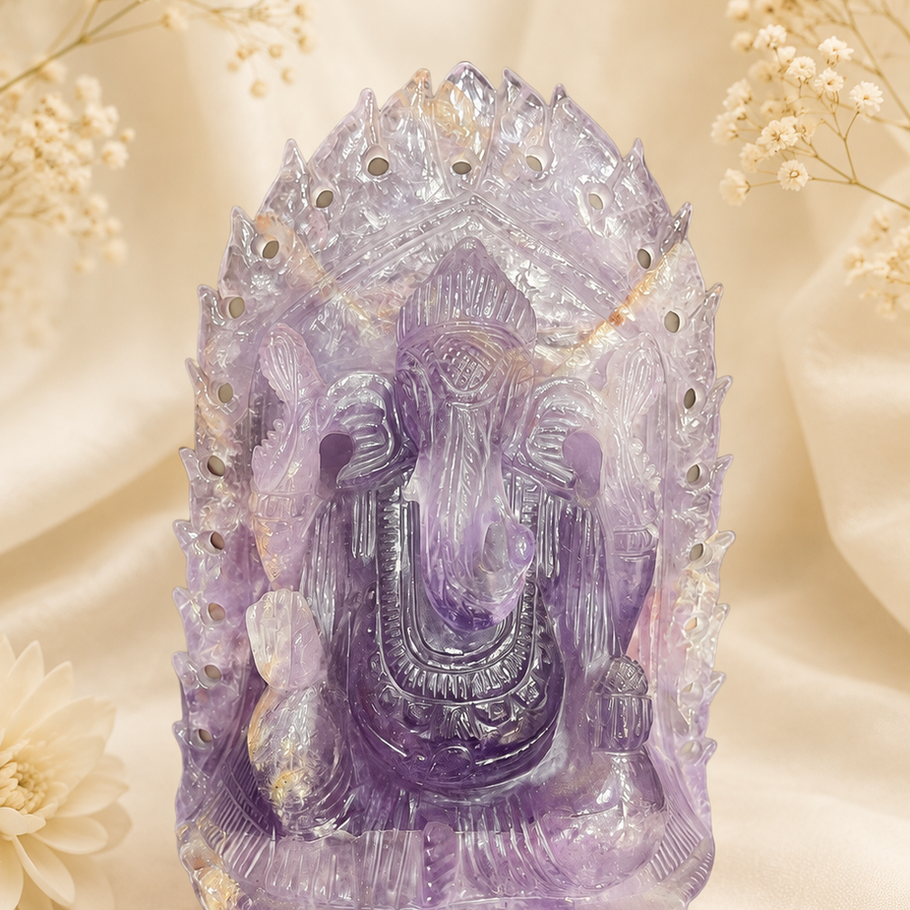 Hand-carved Amethyst crystal Ganesha idol, luxury gemstone statue