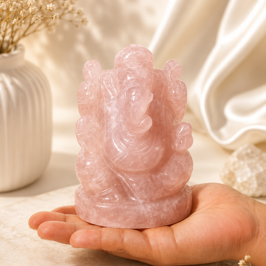 Hand-carved Rose Quartz Ganesha idol