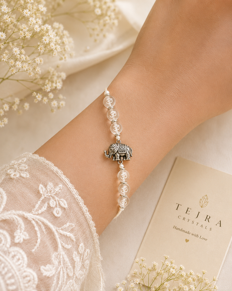 Om engraved Clear Quartz Rakhi, natural stone bracelet for clarity and blessings