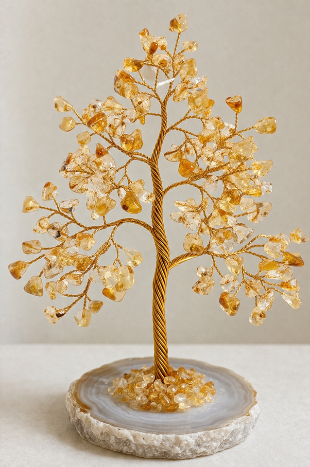 Citrine crystal tree with golden beads and coaster base