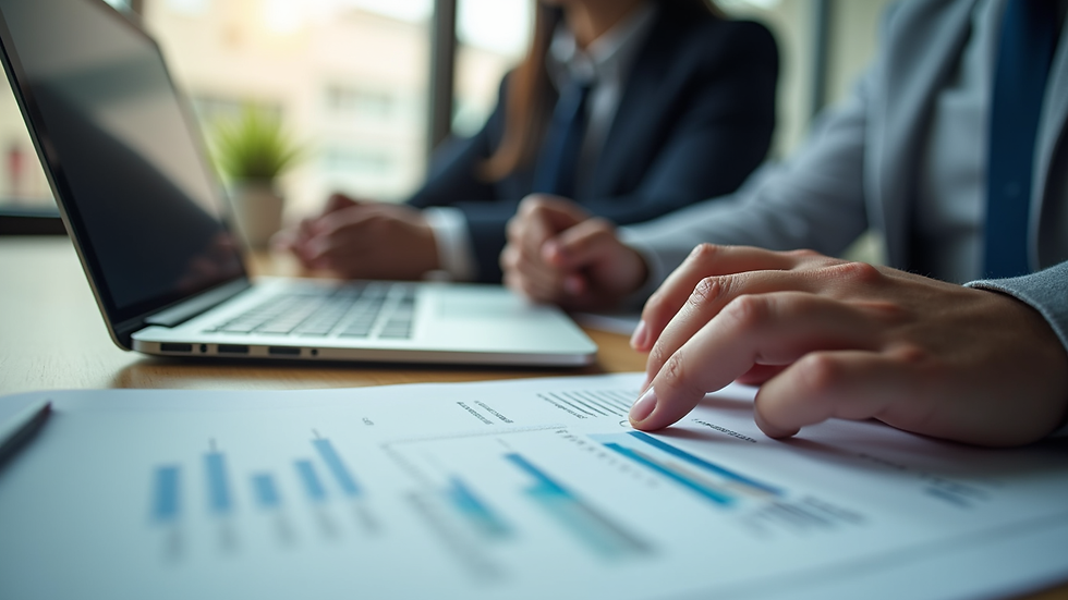 Close-up view of a business meeting with a laptop showing charts and graphs