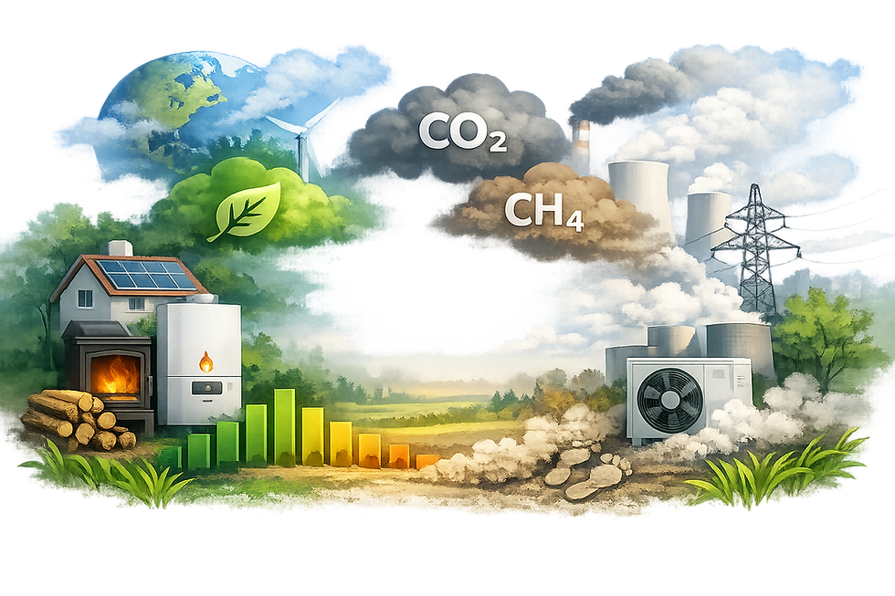 Différents systèmes de chauffage (poêle, chaudière, pompe à chaleur) dans un environnement mêlant nature et production d’énergie, avec des zones dégagées et des transitions douces évoquant la comparaison des émissions de CO₂ équivalent.