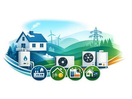 Illustration conceptuelle comparant chaudière gaz, pompe à chaleur et PAC hybride avec tarif EDF Tempo pour le chauffage d’une maison et l’optimisation énergétique d’un logement.