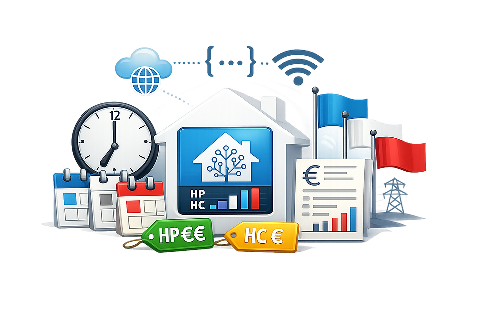 Illustration numérique d’un système domotique Home Assistant reconstituant les tarifs EDF Tempo sans compteur Linky : visualisation des plages heures pleines (HP) et heures creuses (HC) via horloge et calendrier, récupération des couleurs Tempo bleu, blanc, rouge par API web, et intégration des tarifs réglementés d’électricité dans un tableau de suivi énergétique.