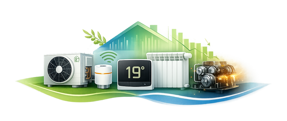 pompe à chaleur, tête de radiateur connectée et thermostat devant une maison, un radiateur et un mécanisme illustrant le contrôle des démarrages du compresseur et l’optimisation du confort avec Netatmo.