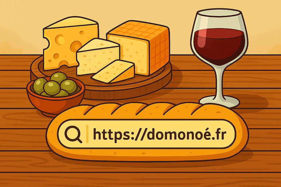Table avec quelques produit français et barre d'URL sus forme de baguette, indiquant le site accenté https://domonoé.fr"