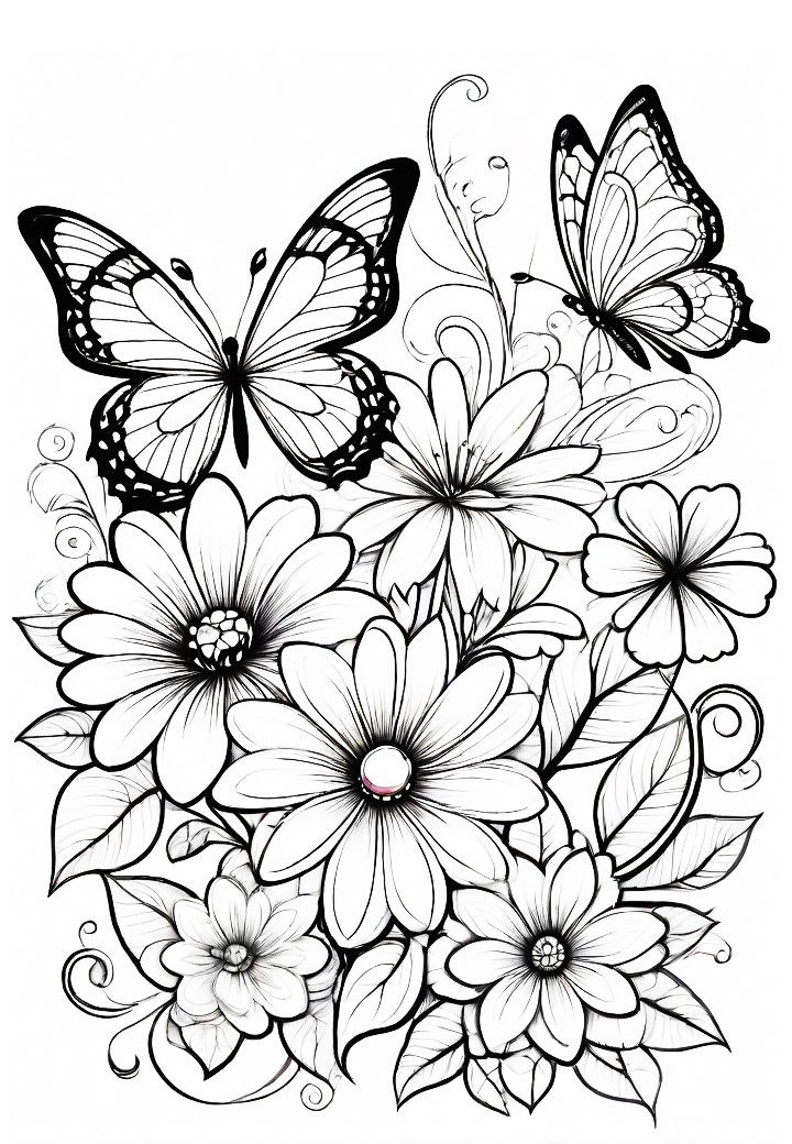 Thumbnail: patterned flowers and butterflies  of a coloring book