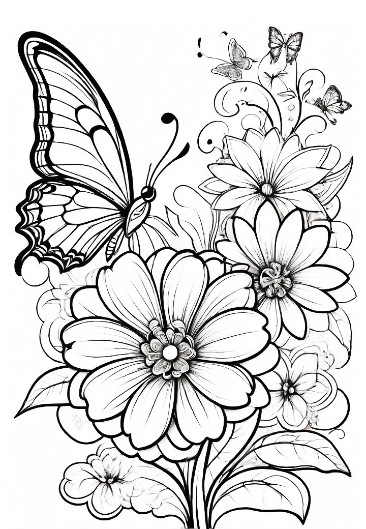 patterned flowers and a butterfly of a coloring book