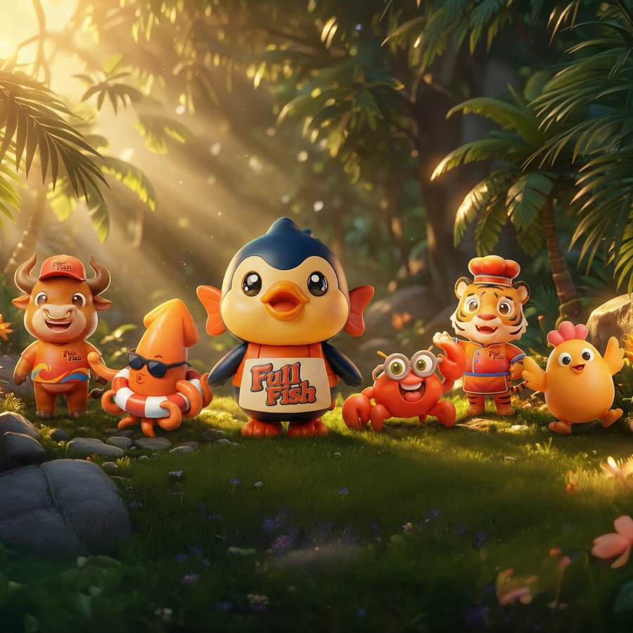 The FullFish mascot characters together in a sunlit tropical forest