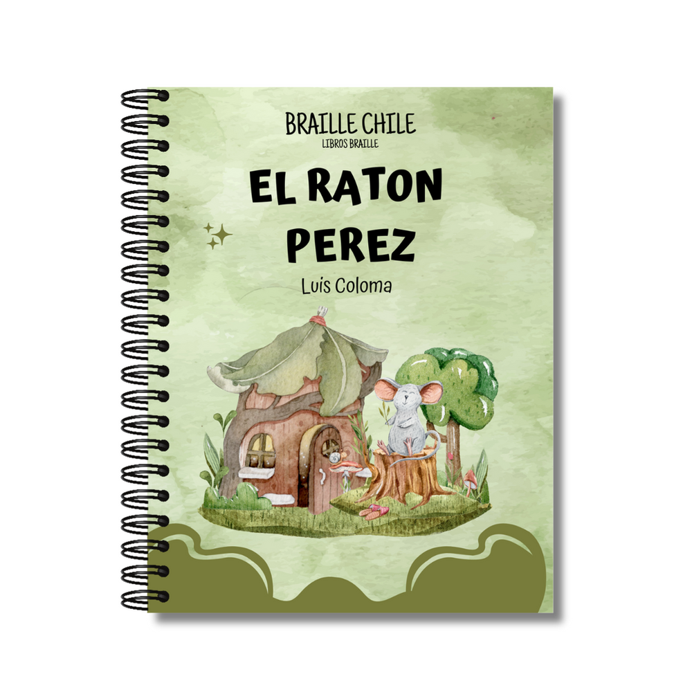 Libro en braille anillado "El ratón Pérez" de Luis Coloma; portada verde con un ratón gris sobre un tronco junto a una casita con techo de hoja. (foto 1 de 2)