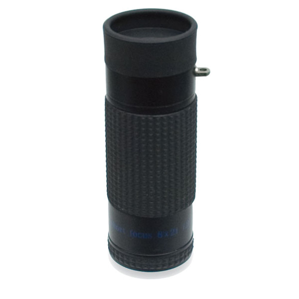 Lupa monocular 8x21, tubo negro vertical con ocular de goma, cuerpo cubierto de goma texturada, argolla metálica para la correa y texto azul "focus 8x21" en la base.