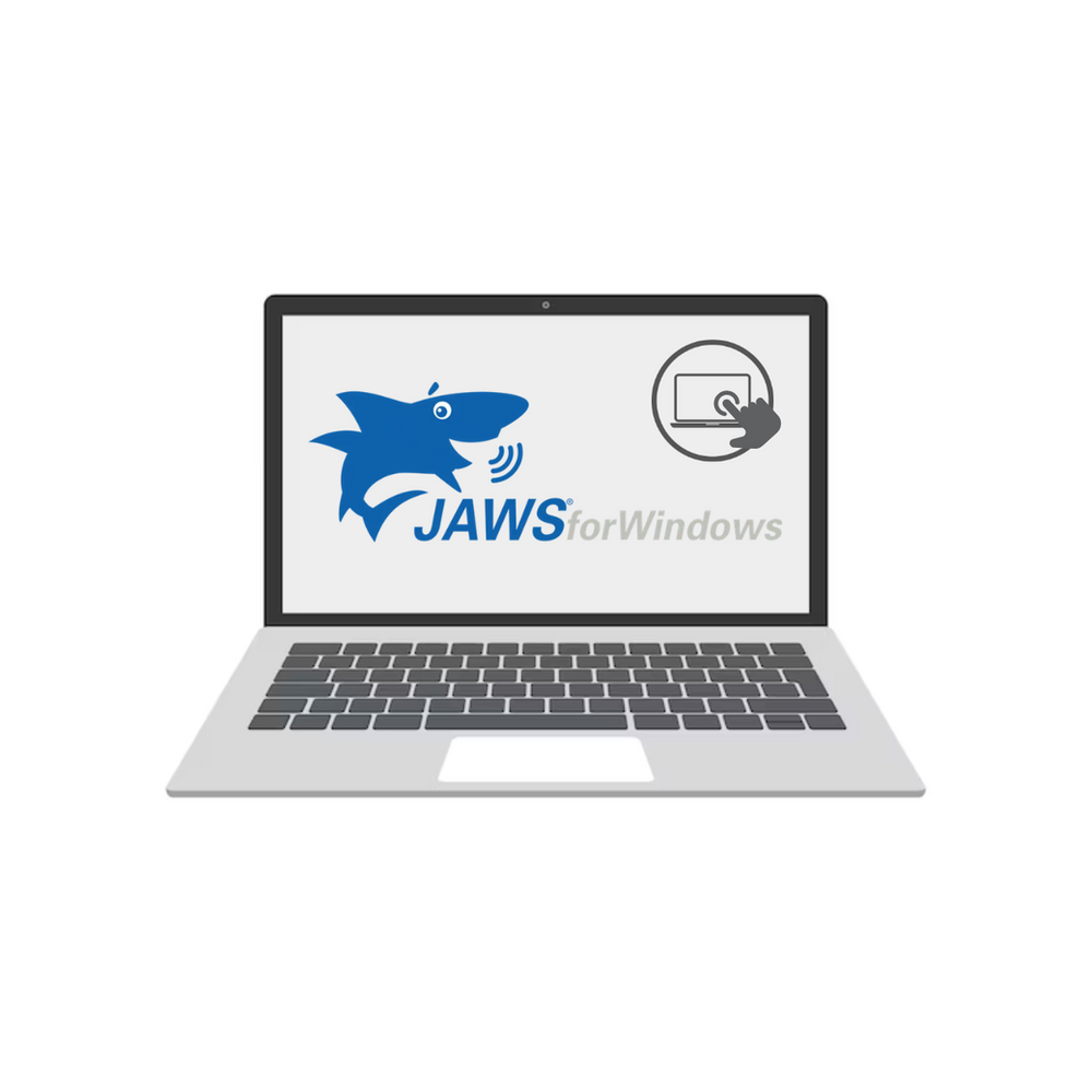 Dibujo de un notebook plateado abierto con el logo de JAWS for Windows, un tiburón azul, en la pantalla, y un ícono de mano tocando la pantalla que indica que es 2 en 1 táctil. (foto 1 de 7)