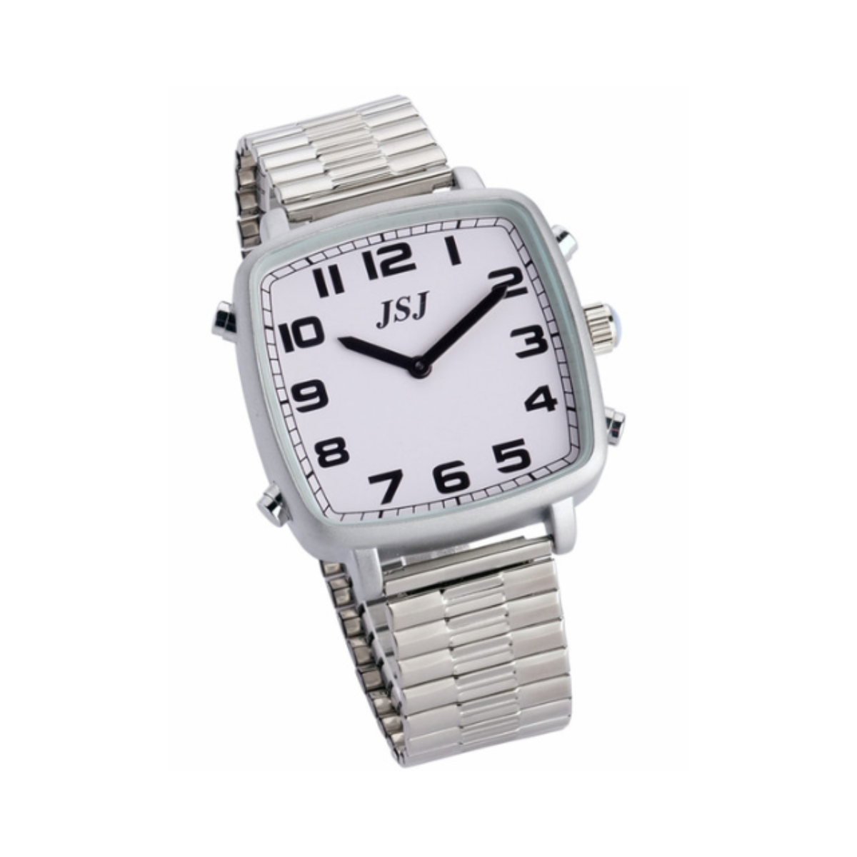 Reloj parlante cuadrado blanco con correa elástica de acero