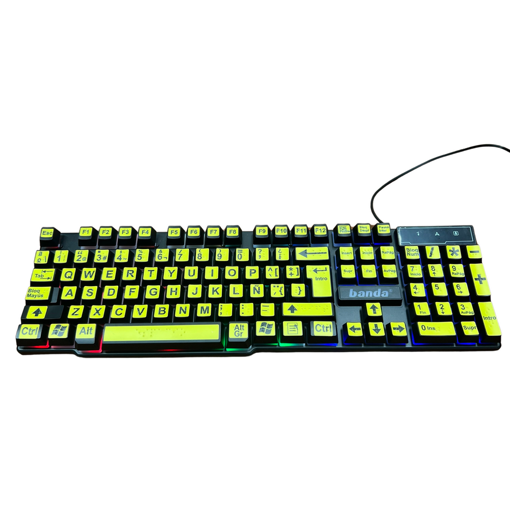 Teclado braille con luces, negro con teclas amarillas y letras negras grandes, marca banda, con iluminación de colores en los bordes y cable USB. (foto 1 de 4)