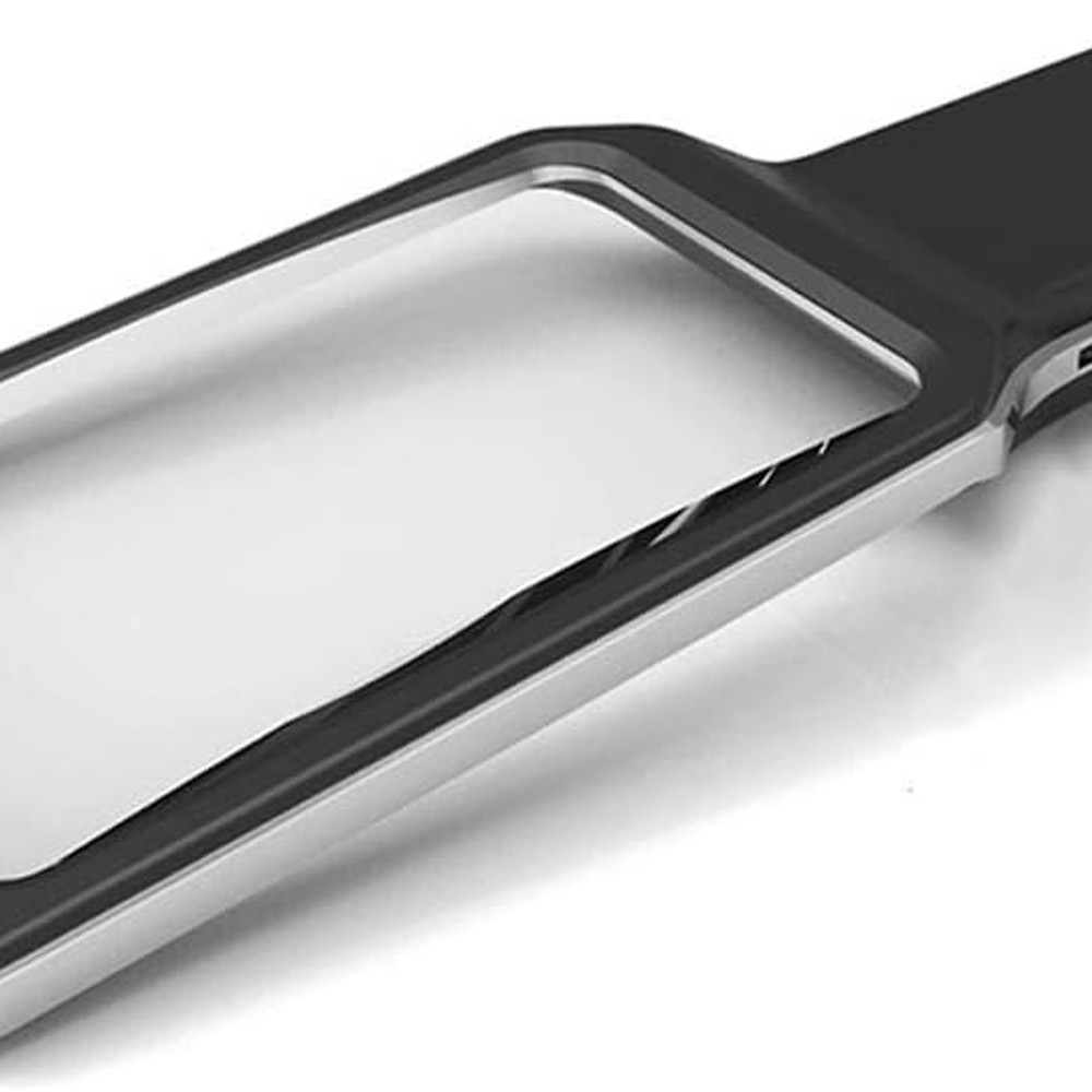 Lupa LED 4x recargable de mano con lente rectangular ancha de acrílico, marco negro con borde plateado y mango negro corto. (foto 1 de 3)